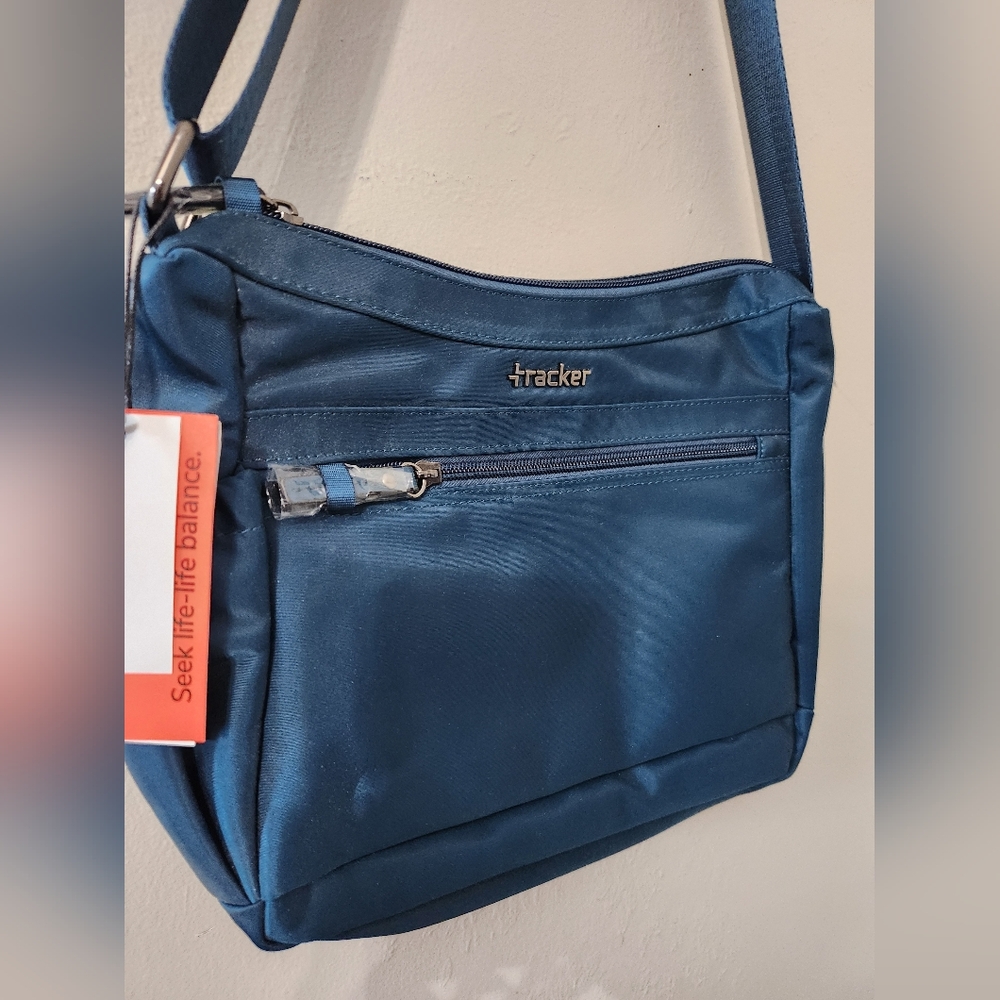 Tracker Crossbody Bag Travel Teal RFID Slot Bottle Side Pocket Travel
